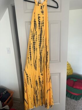 Yellow Halter Maxi Dress with Black Abstract Print